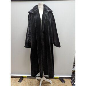 Vintage 1970s Long Black Faux Fur Open Front Coat